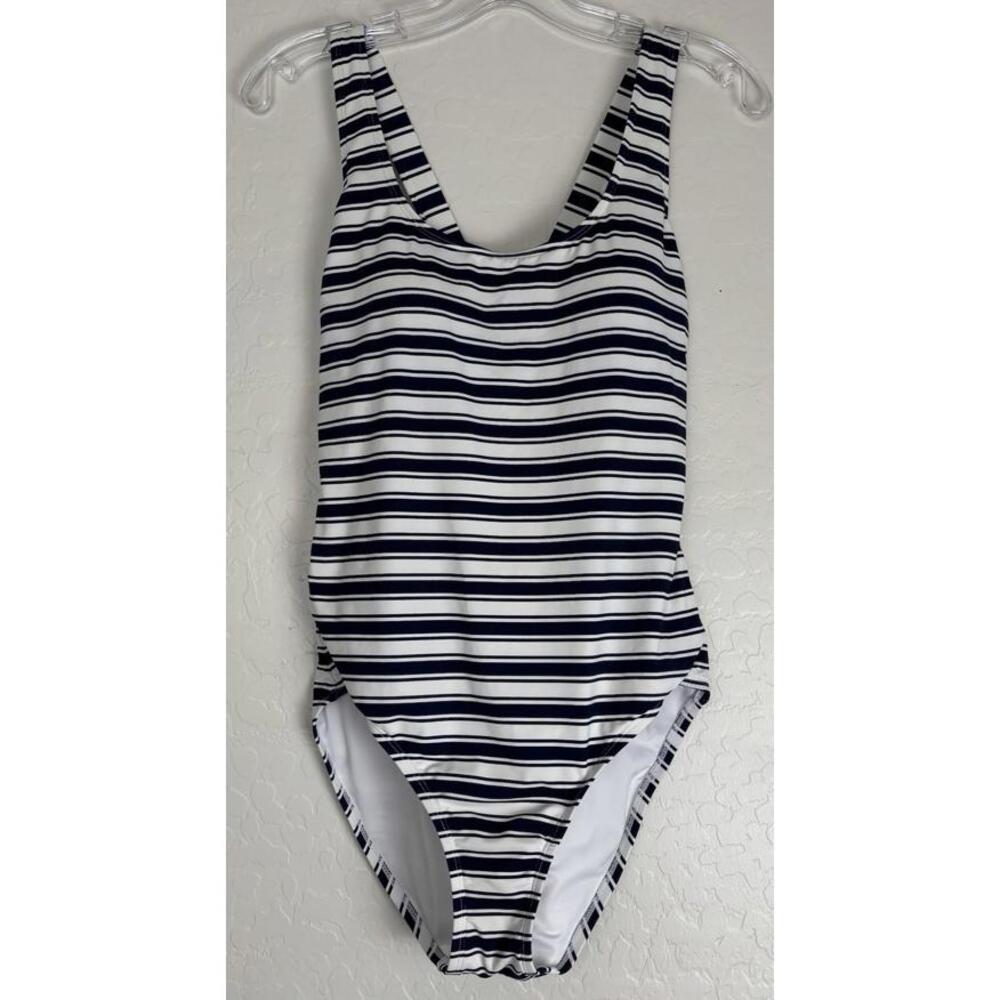 Lands End Womens Navy White Striped Cross Back 1 Piece Swimsuit Sz M 10-12 1864